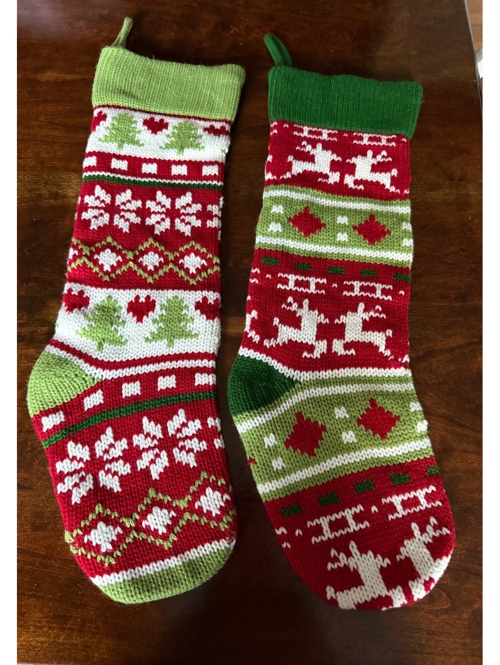 Pair of Festive Christmas Stockings with Red, Green, and White Pattern